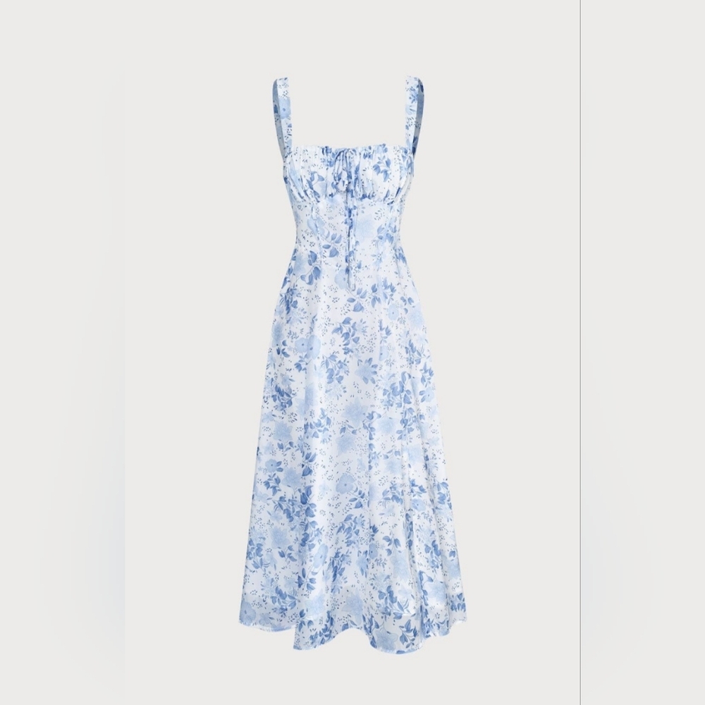 BNWT / RIHOAS/ Small / Medium/ blue square neck floral ruched midi dress - Picture 4 of 5